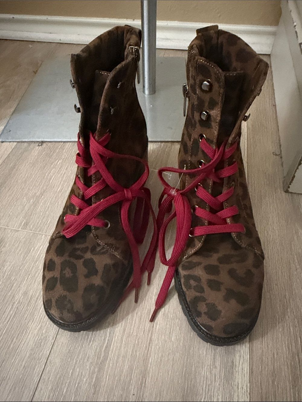 Vince Camuto Brown Leopard Lace-Up Boots with Red Laces
